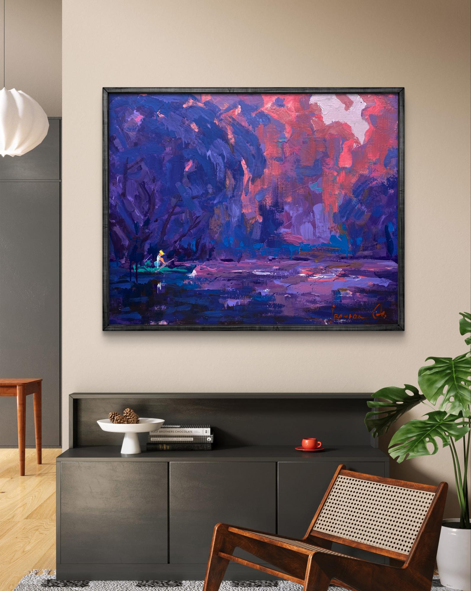 Oil painting Above the Pond by Oleksiy Ivanyuk, vibrant purple pink swirls in black frame