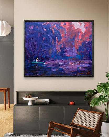 Oil painting Above the Pond by Oleksiy Ivanyuk, vibrant purple pink swirls in black frame