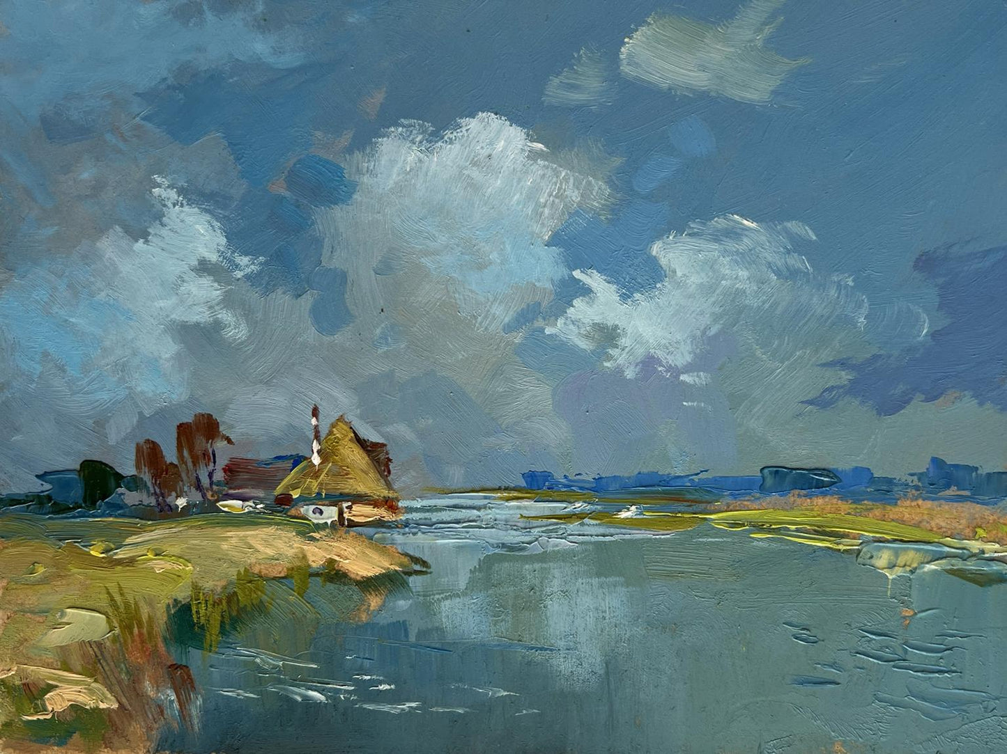 Serene impressionistic oil painting of Summer flood on river by Yuriy Suprunchuk