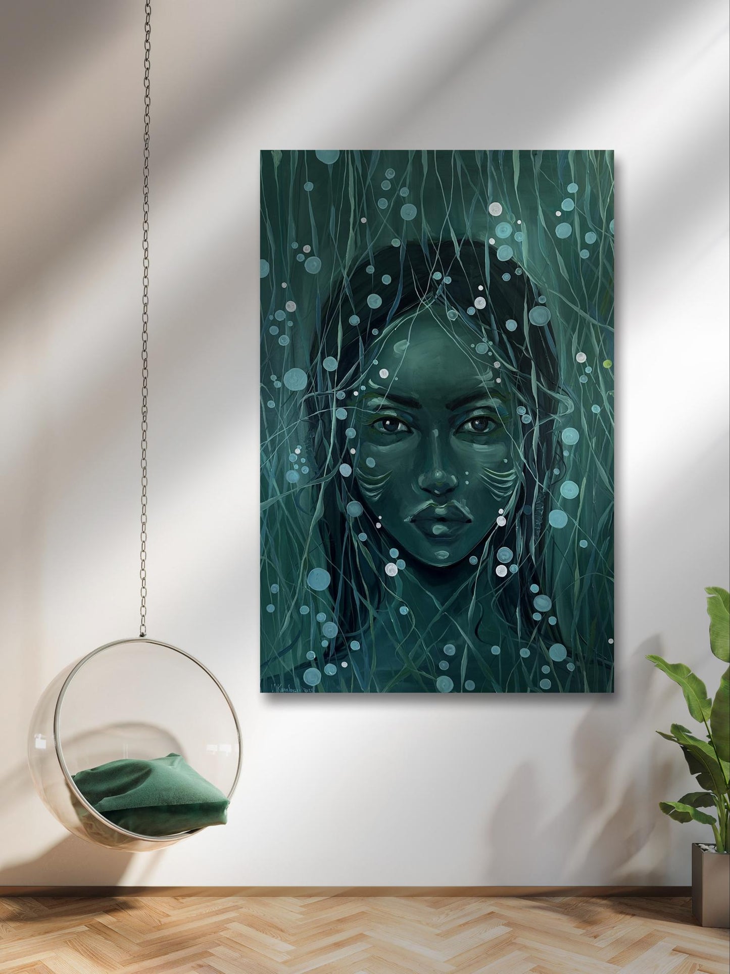Oil painting Underwater Victoria Kagalovska: teal womans face with white patterns