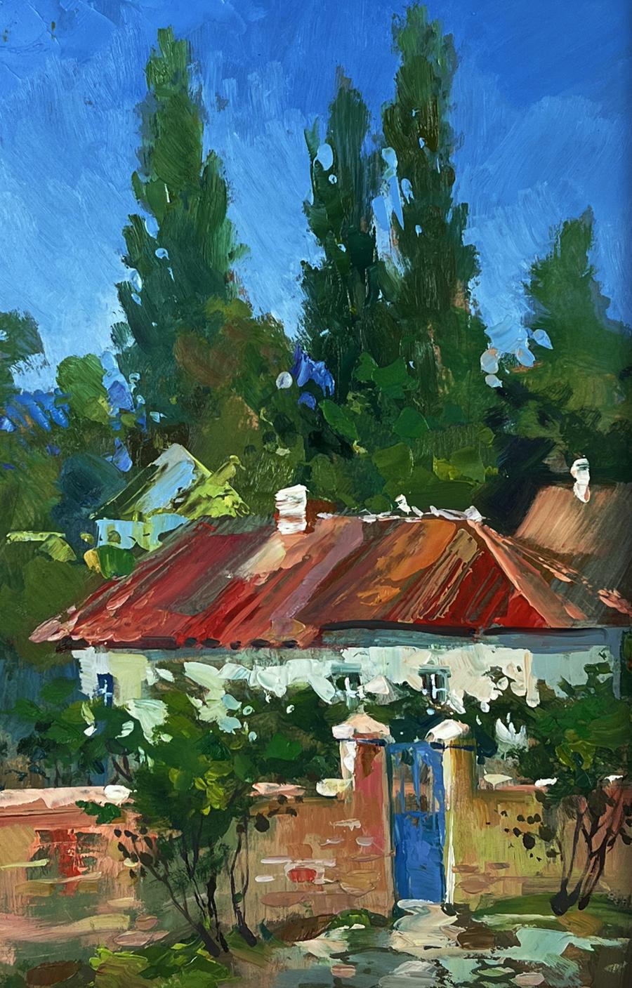 Oil painting of village courtyard by Yuriy Suprunchuk: white house with red roof