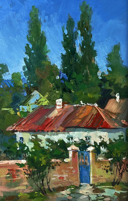 Oil painting of village courtyard by Yuriy Suprunchuk: white house with red roof
