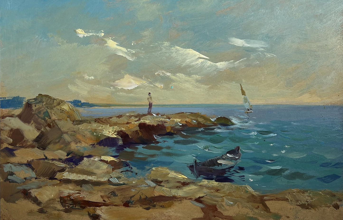 Oil painting Admire the sunset at sea by Yuriy Suprunchuk serene coastal scene