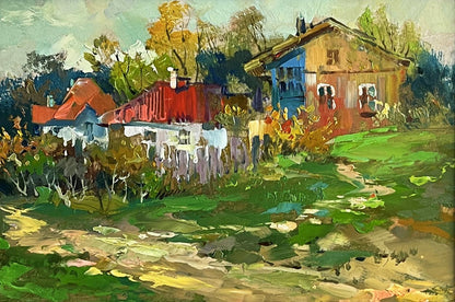 Vibrant impressionist oil painting of quiet village street by Yuriy Suprunchuk