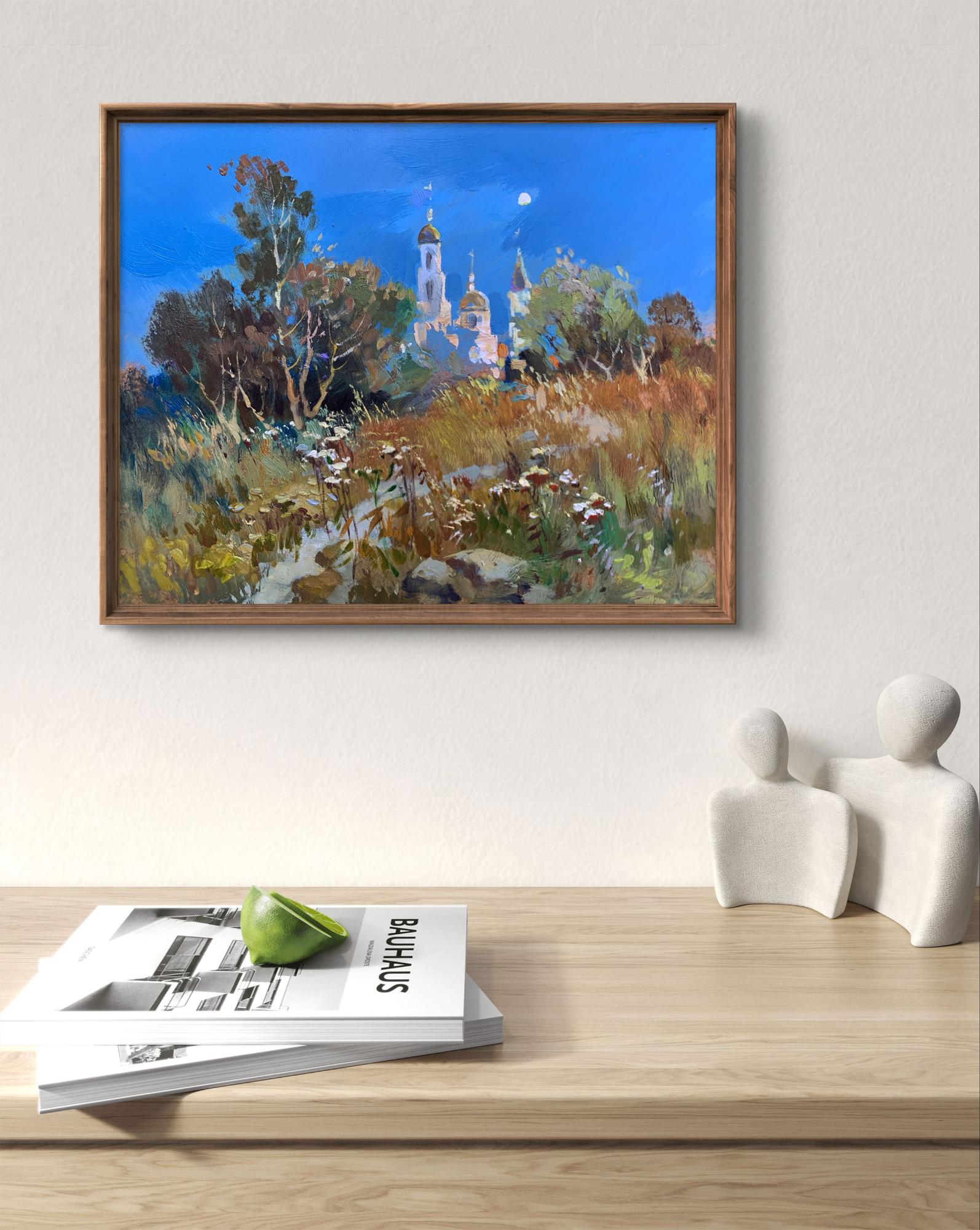 Oil painting by Yuriy Suprunchuk: moonlight-lit church domes, blue sky, wildflowers
