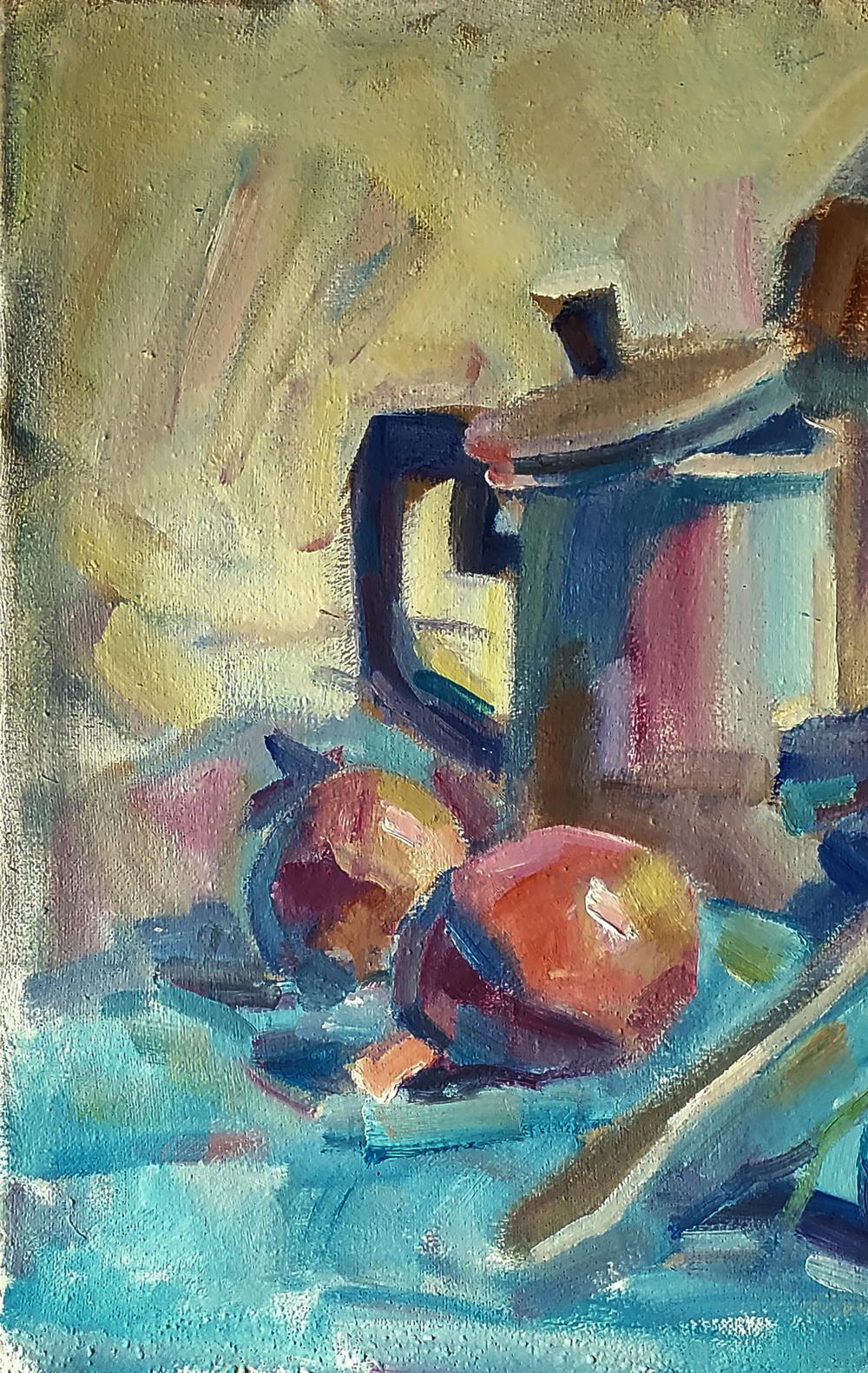 Oil painting of still life with tomatoes by Daniil Litvinov, metallic coffee pot