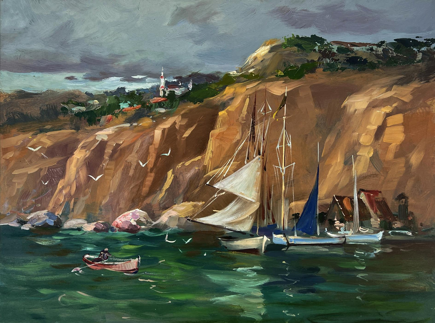 Oil painting of ships at mountains by Yuriy Suprunchuk coastal scene