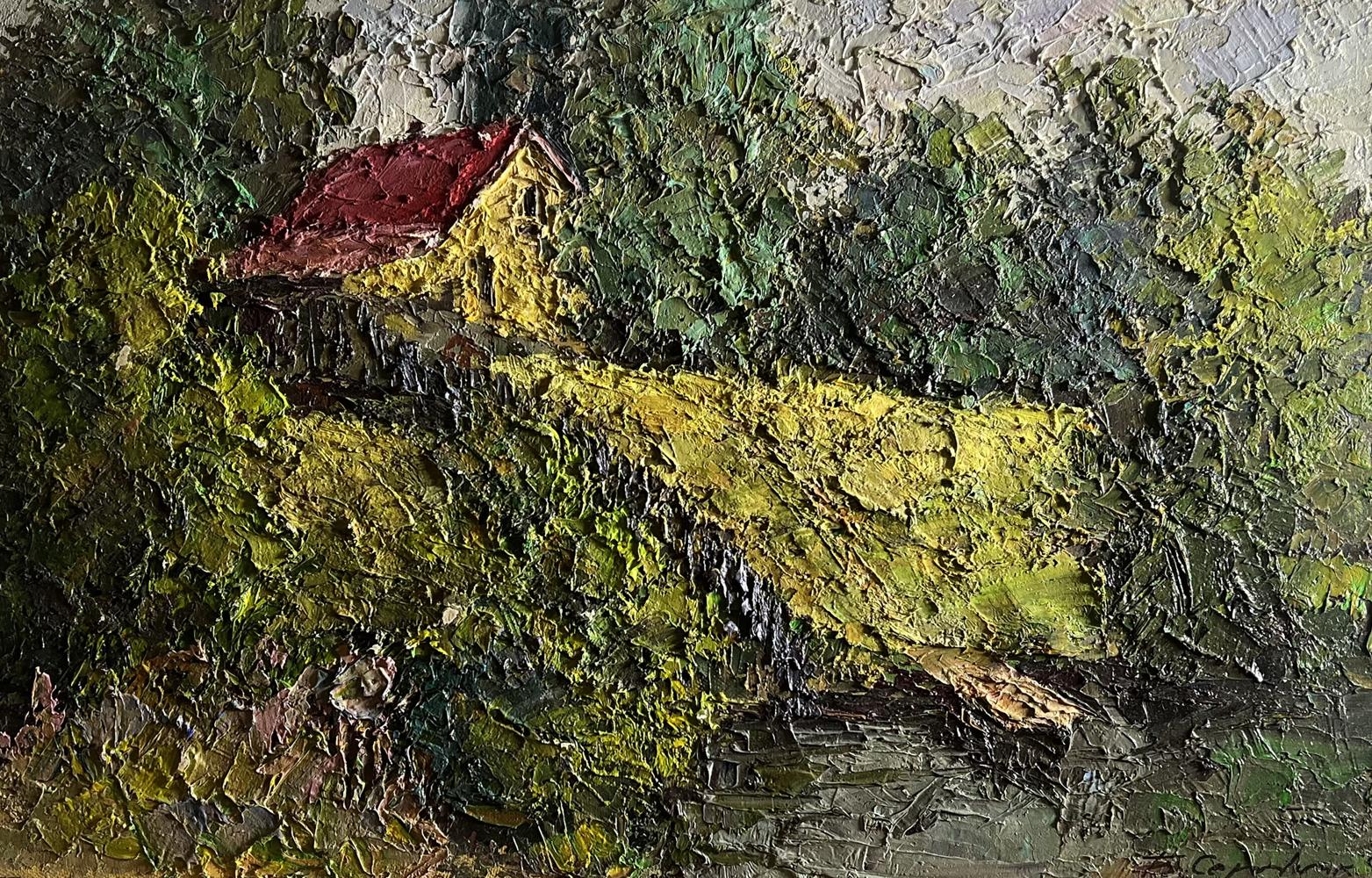 Oil painting of Boris Serdyuk house near pond with red roof in lush foliage
