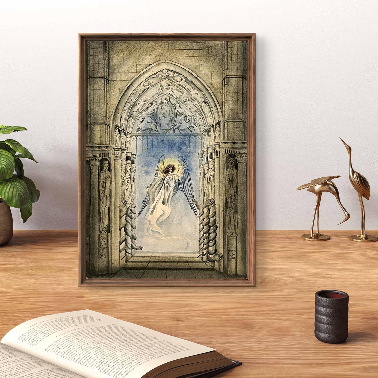 Watercolor painting Paradise Tor by Dmytro Startsev: winged angel in gothic archway