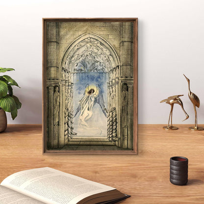 Watercolor painting Paradise Tor by Dmytro Startsev: winged angel in gothic archway