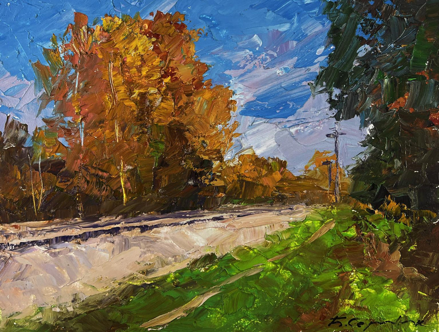 Oil painting Autumn silence on the road by Boris Serdyuk vibrant autumn trees path