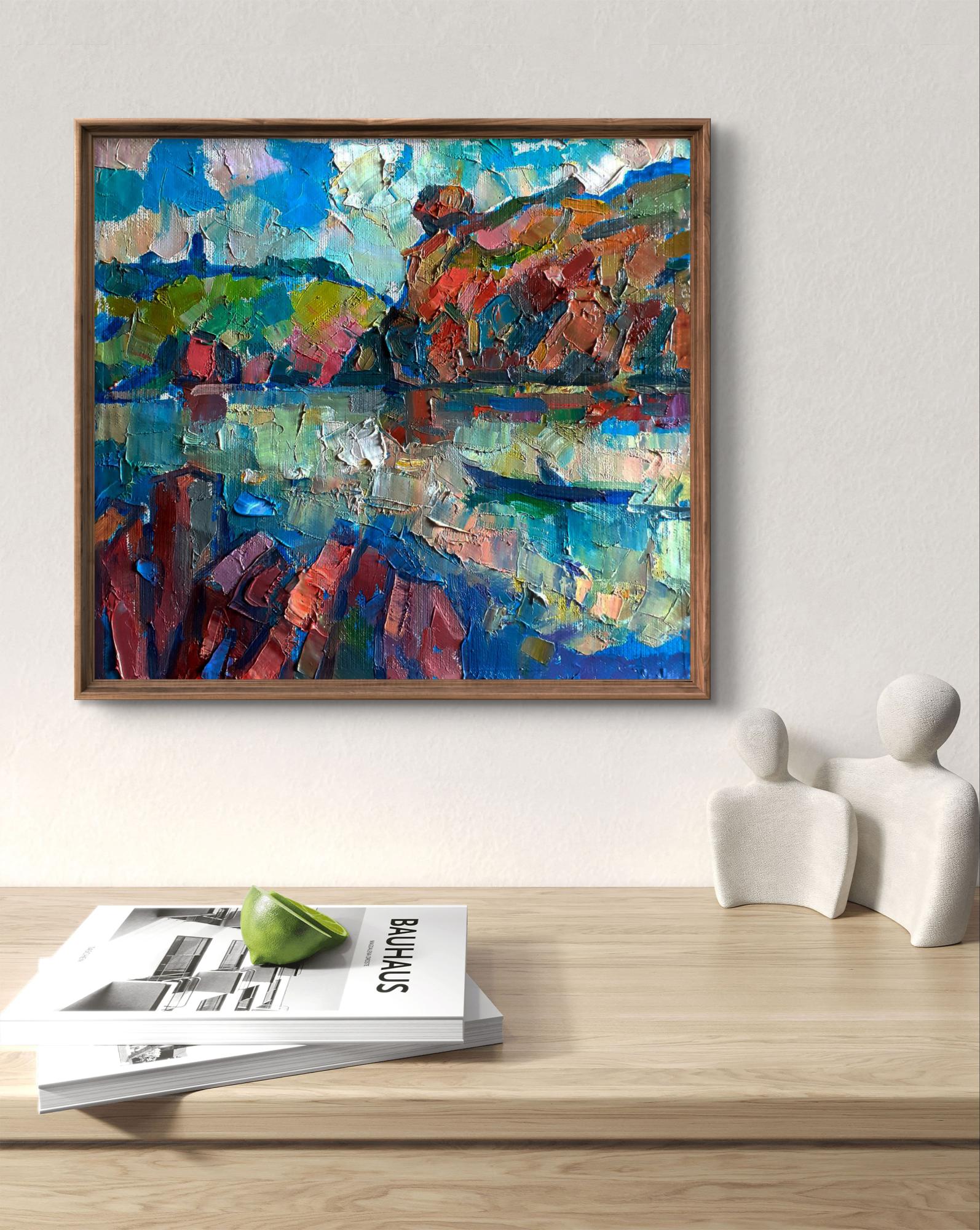 Oil painting Rocky river bank by Pavel Dobrev vibrant cliffs and reflections