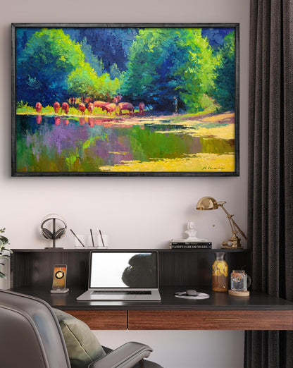 Vibrant impressionist oil painting by Boris Serdyuk: reddish-brown cow herd grazing by pond