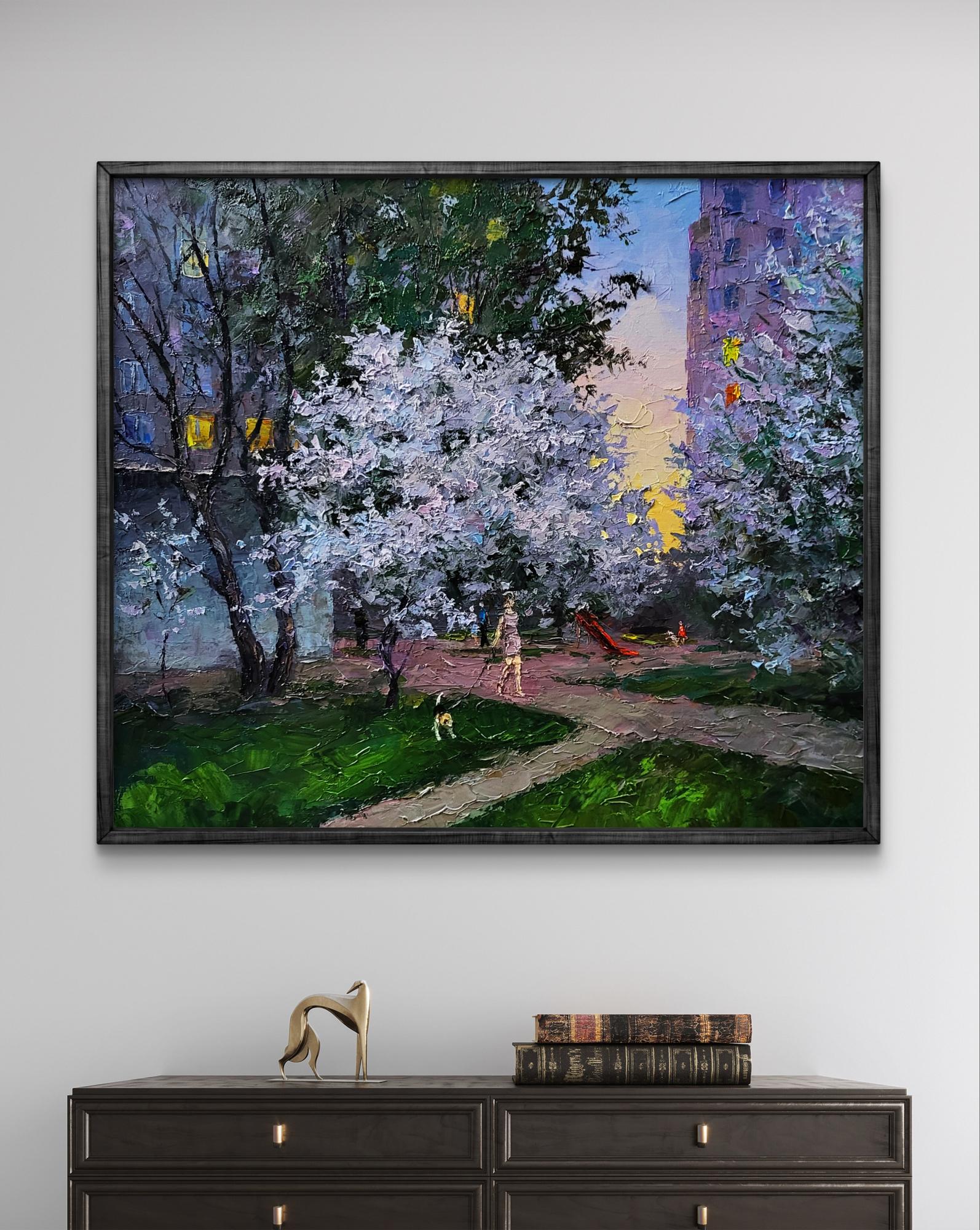 Oil painting Evening courtyard in the city by Boris Serdyuk, cherry blossoms at twilight