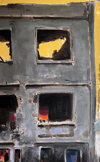 Acrylic painting Memory of the Wall by Juan Angel Gonzalez de la Calle: textured gray concrete facade with vibrant colored lights
