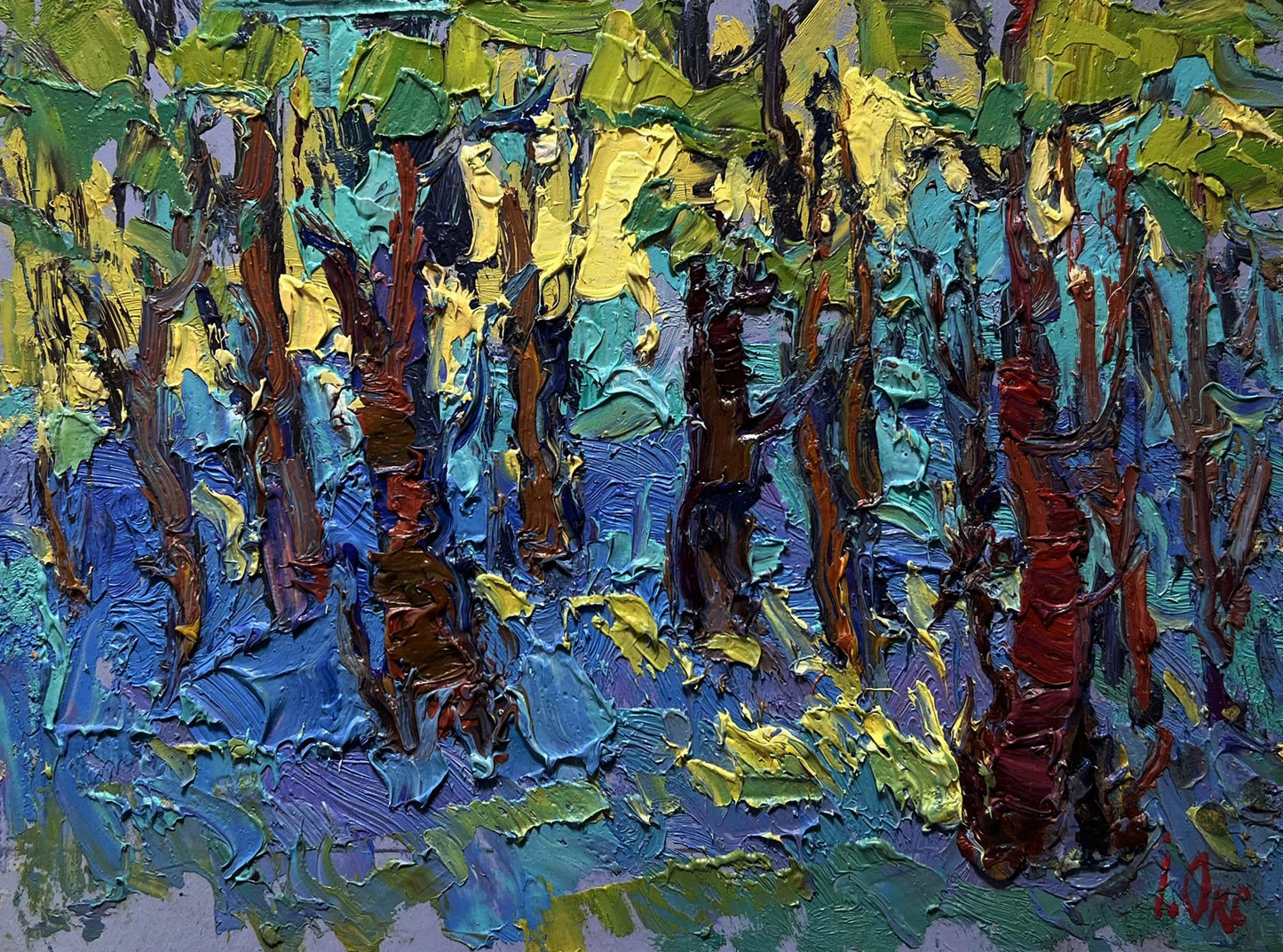 Vibrant impressionist oil painting A walk through the morning forest by Oksana Ivanyuk