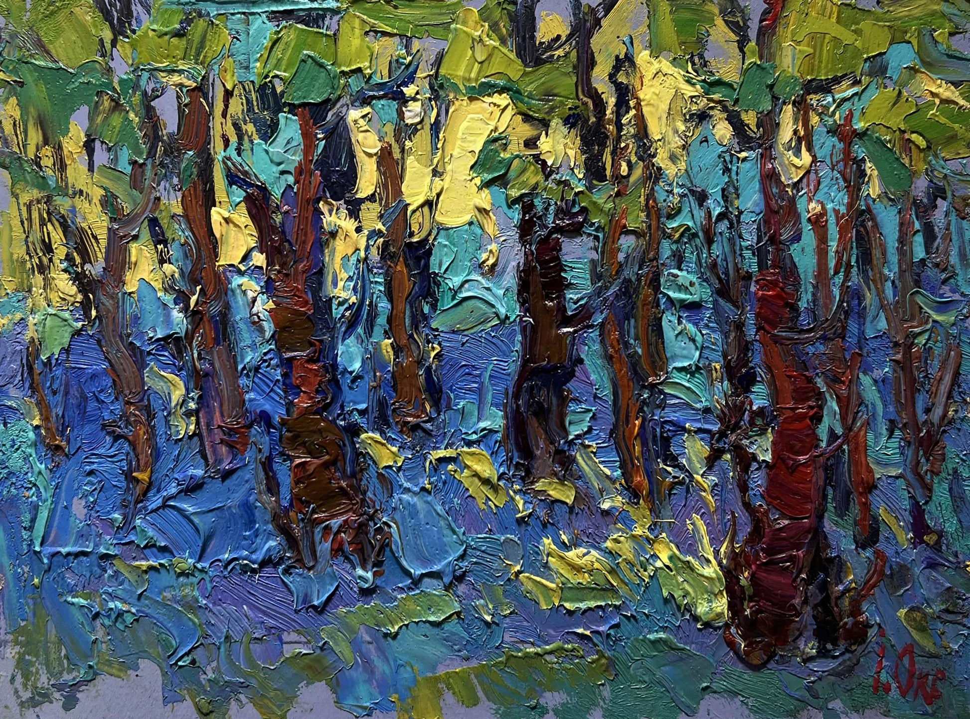 Vibrant impressionist oil painting A walk through the morning forest by Oksana Ivanyuk