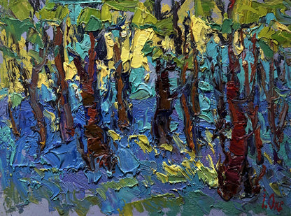 Vibrant impressionist oil painting A walk through the morning forest by Oksana Ivanyuk