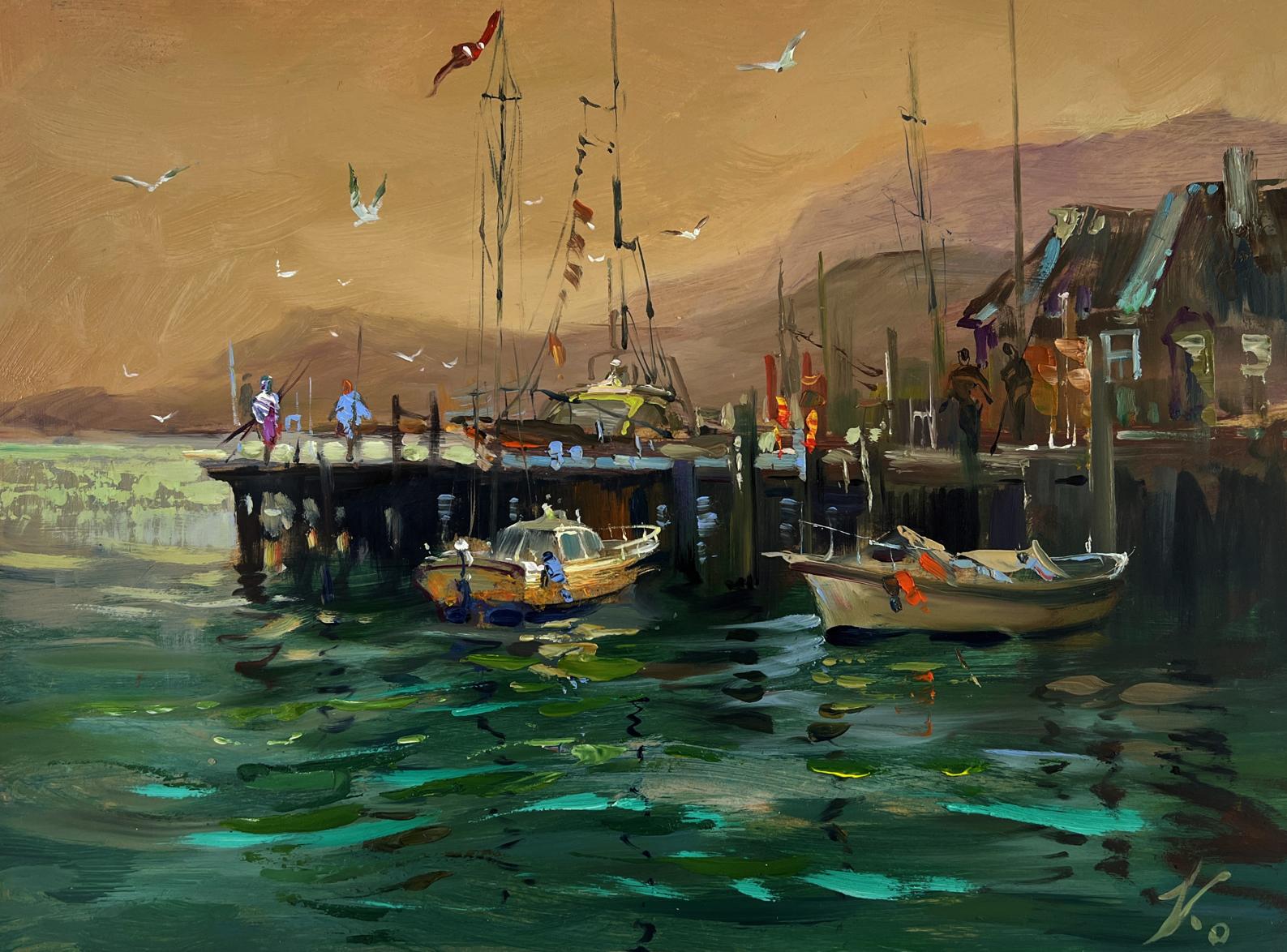 Oil painting of yachts in sea under gentle sun by Yuriy Suprunchuk