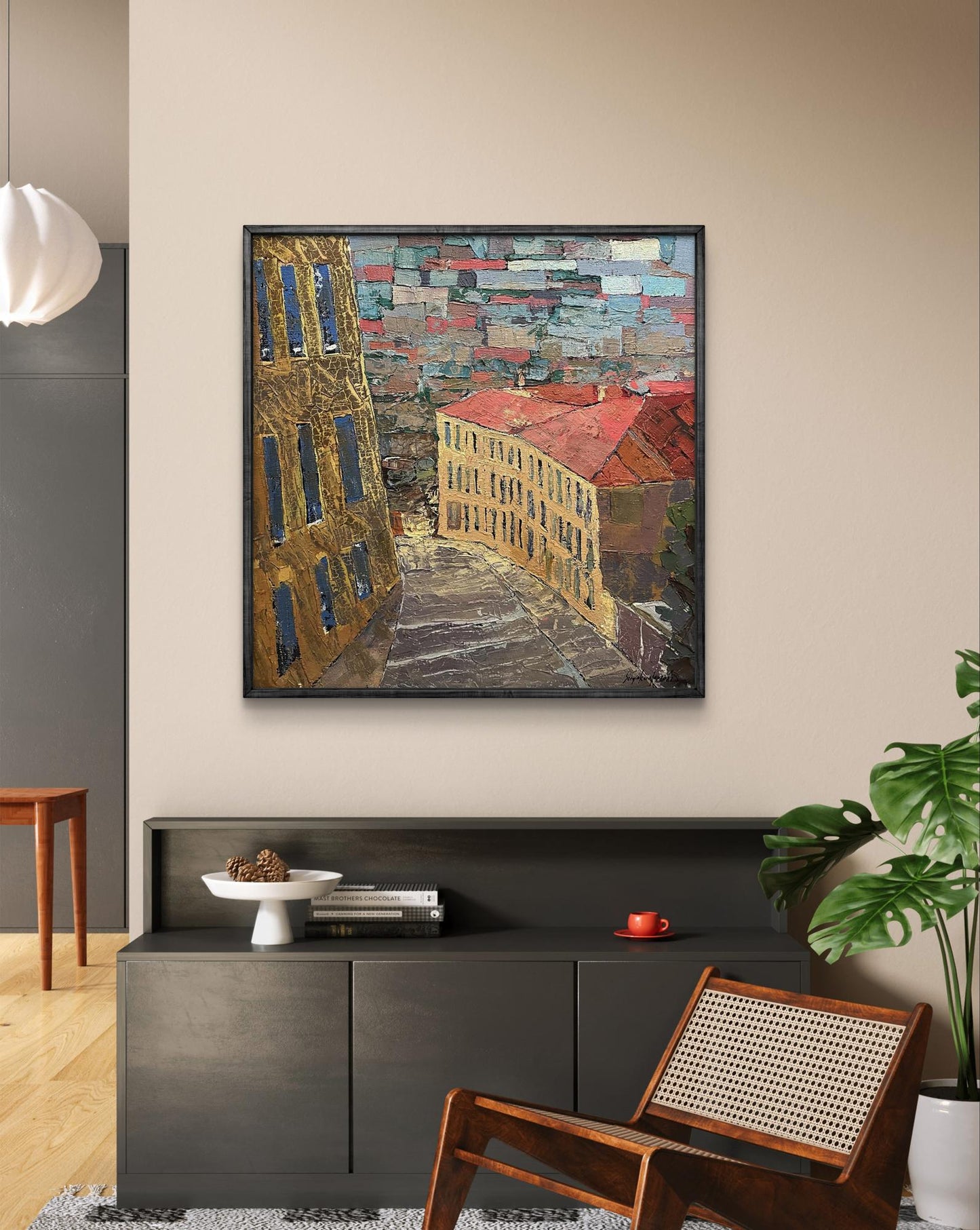 Framed Oil painting City alley by Serhiy Kovalev abstract cityscape