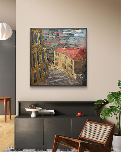 Framed Oil painting City alley by Serhiy Kovalev abstract cityscape