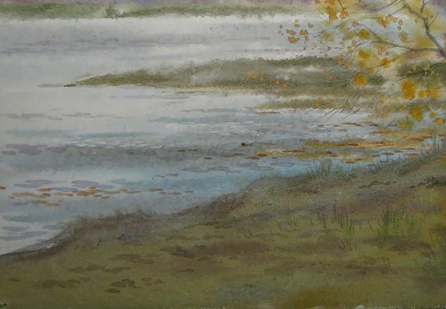 Watercolor painting of autumn shore river by Valery Savenets