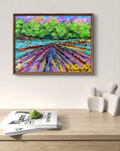 Oil painting of sunny lavender field near forest by V. Zadorozhnya