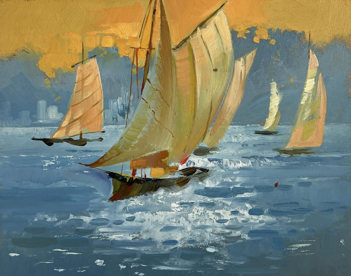 Oil painting Sunset colors in the sea by Yuriy Suprunchuk sailboats