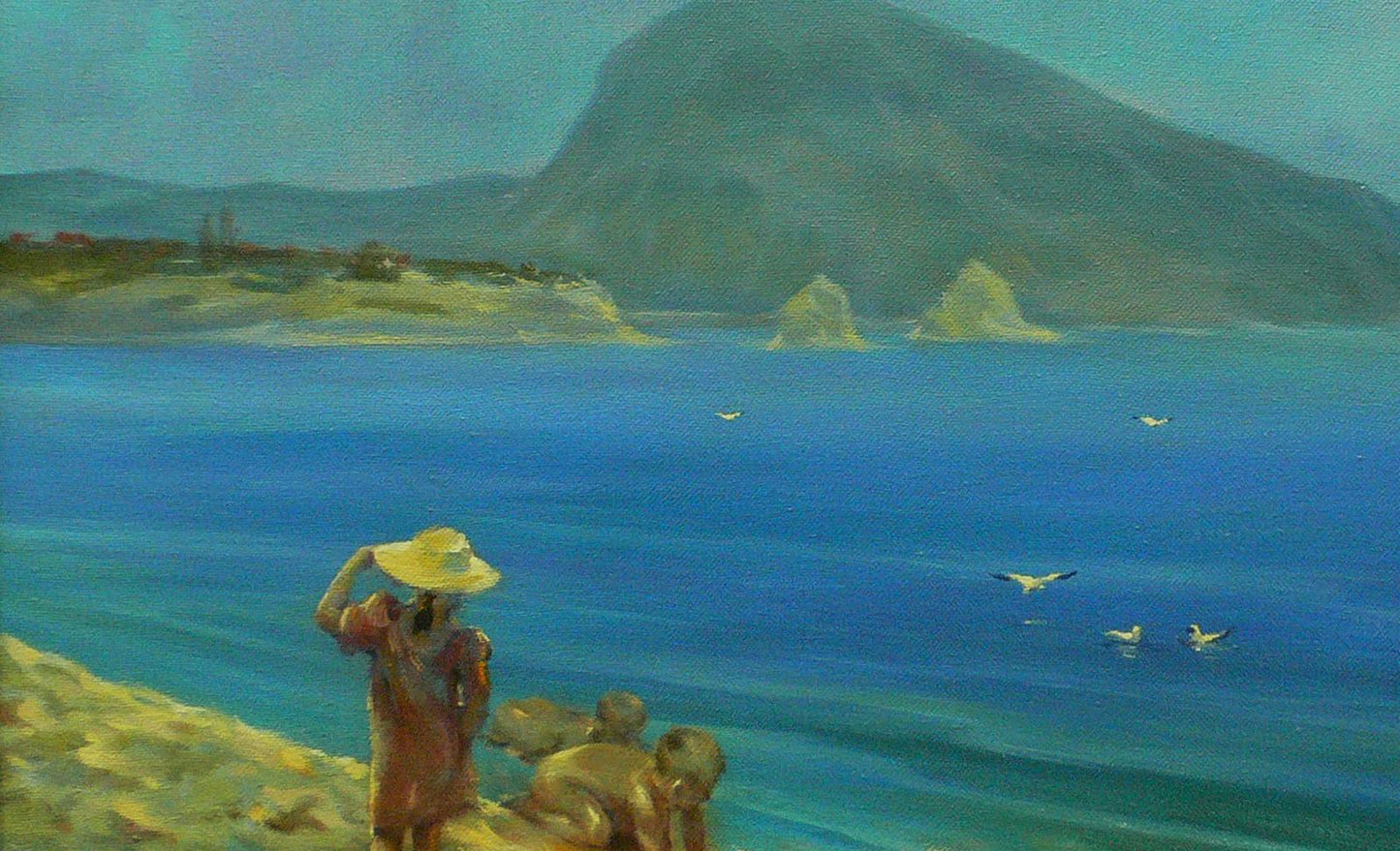 Oil painting by Vasily Korkishko: child in straw hat facing sea shore