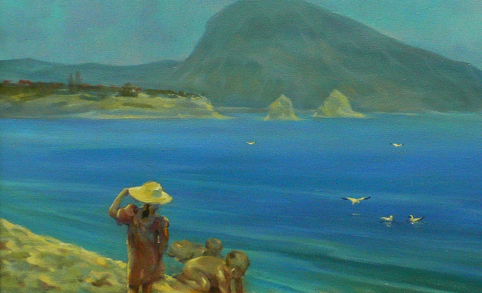 Oil painting by Vasily Korkishko: child in straw hat facing sea shore