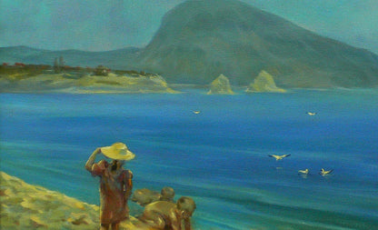 Oil painting by Vasily Korkishko: child in straw hat facing sea shore