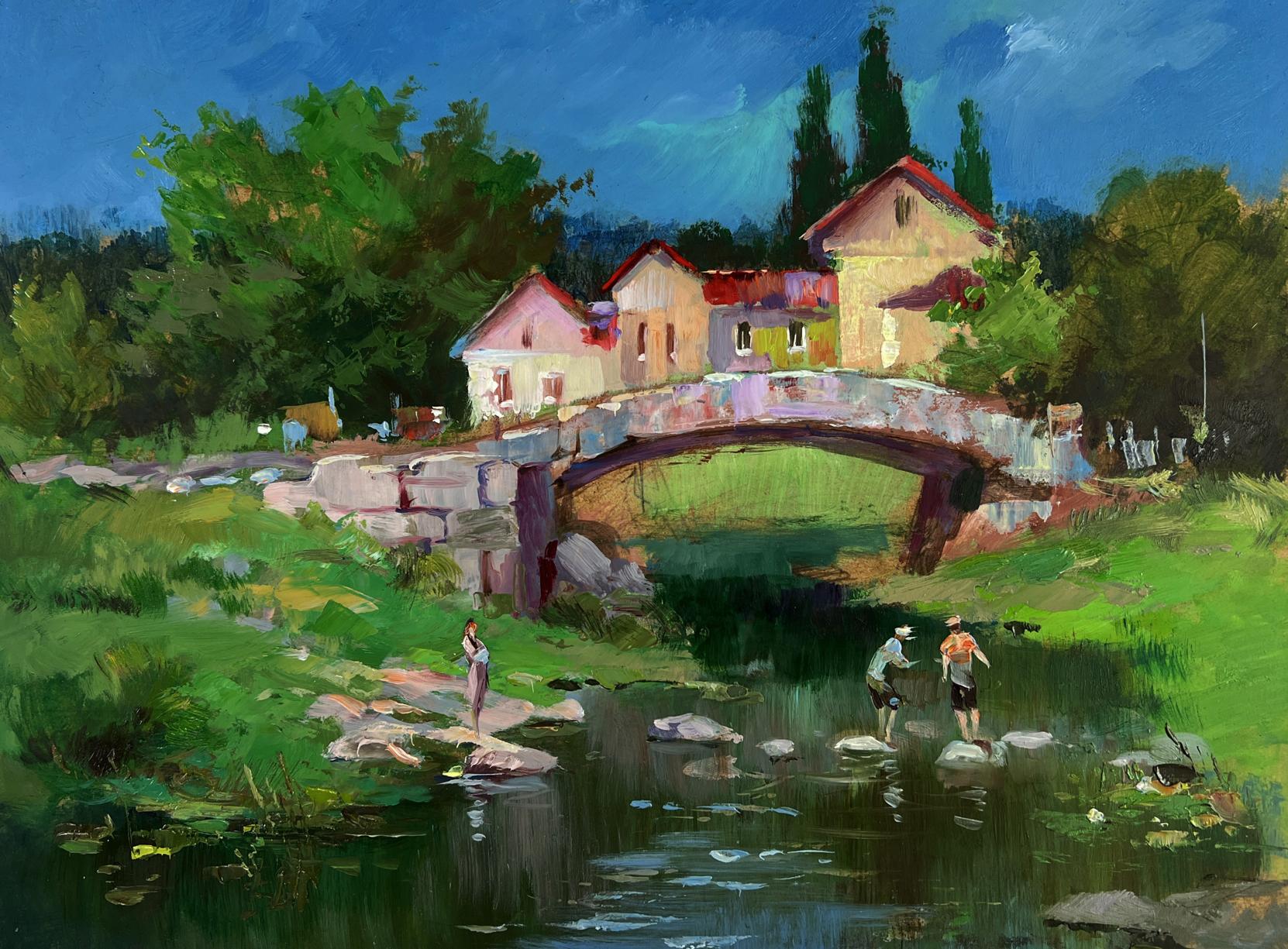 Rustic stone arch bridge over calm river oil painting by Yuriy Suprunchuk