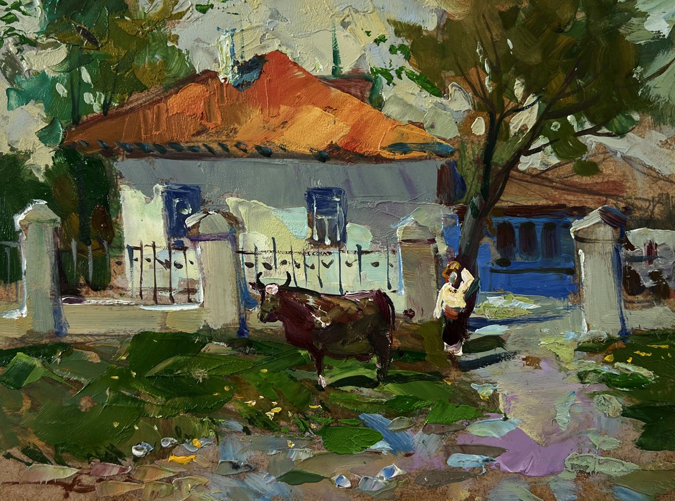 Oil painting by Yuriy Suprunchuk: brown cow near white house
