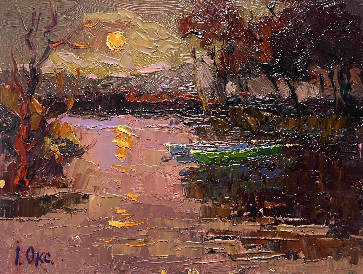Impressionistic oil painting Monthly Reflection by Oksana Ivanyuk, sunset over water