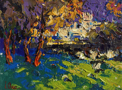 Vibrant impressionist oil painting of city autumn park forest by Oksana Ivanyuk