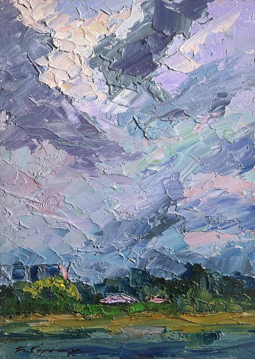 Oil painting Before the Rain by Boris Serdyuk: purple-blue-pink sky over hills
