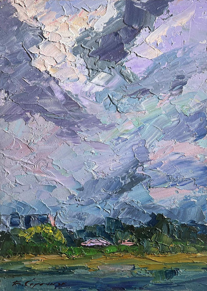 Oil painting Before the Rain by Boris Serdyuk: purple-blue-pink sky over hills
