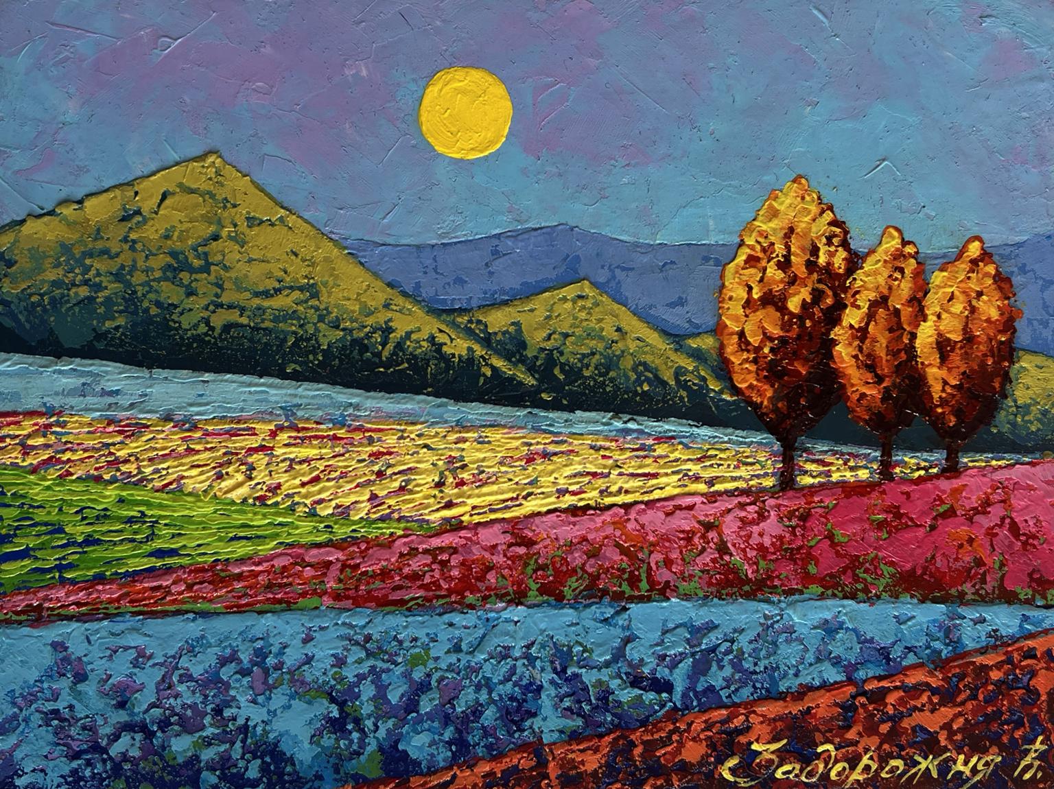 Oil painting Three autumn guards among fields by V. Zadorozhnya