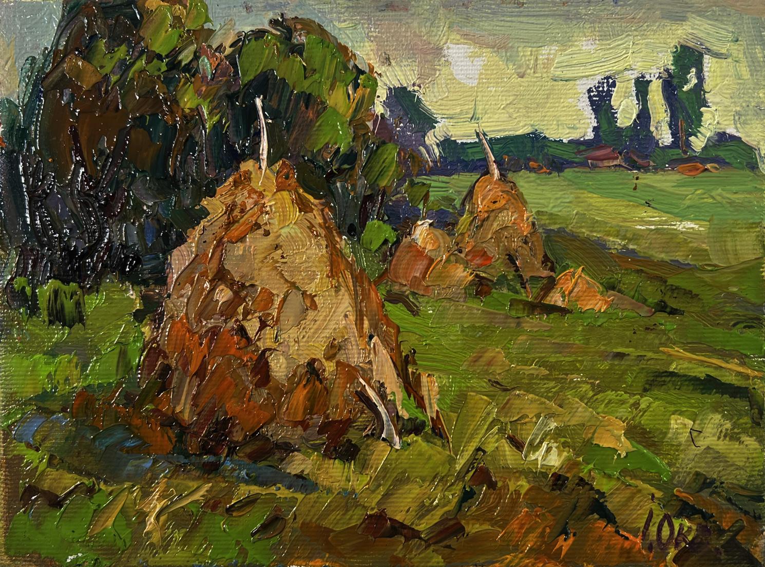 Oil painting Haystacks in the field by Oksana Ivanyuk in green field