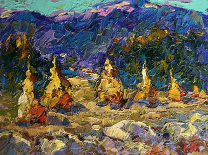 Vibrant impressionist oil painting of haystacks and mountains by Oleksiy Ivanyuk