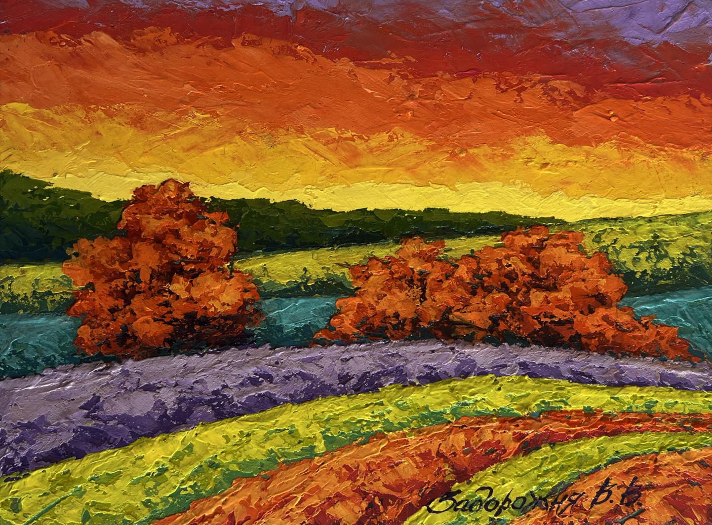 Vibrant impressionist oil painting Autumn sunset in field by V. Zadorozhnya