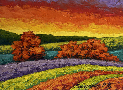 Vibrant impressionist oil painting Autumn sunset in field by V. Zadorozhnya