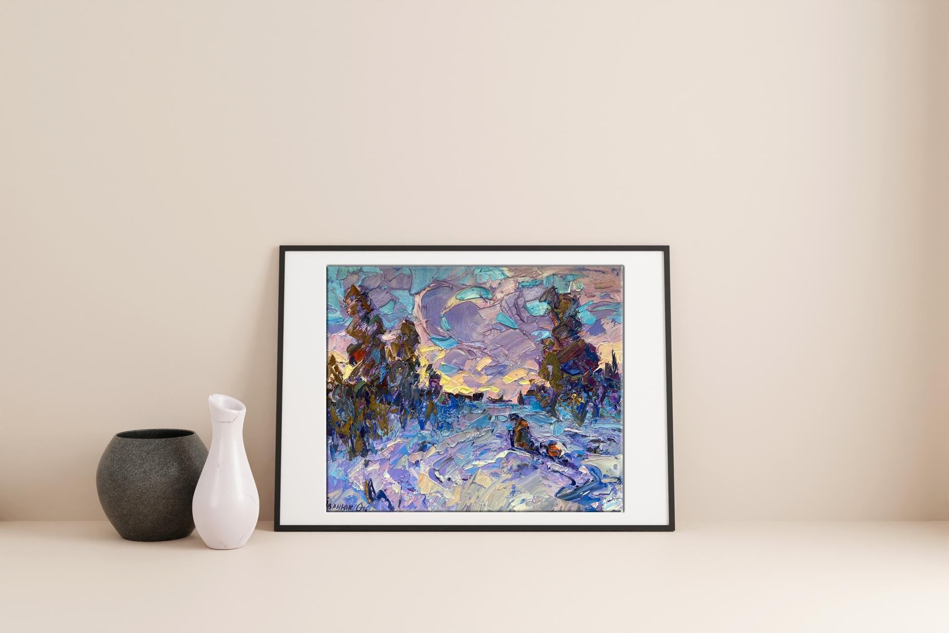Oil painting Evening Alex Ivanyuk abstract landscape in black frame