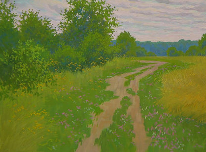 Oil painting of winding dirt path through meadows by Valery Savenets