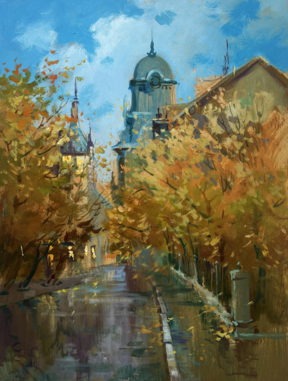 Oil painting The rustle of leaves underfoot by Yuriy Suprunchuk, vibrant autumn street scene