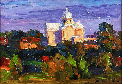 Oil painting The Distant Temple by Boris Serdyuk vibrant impressionist church scene