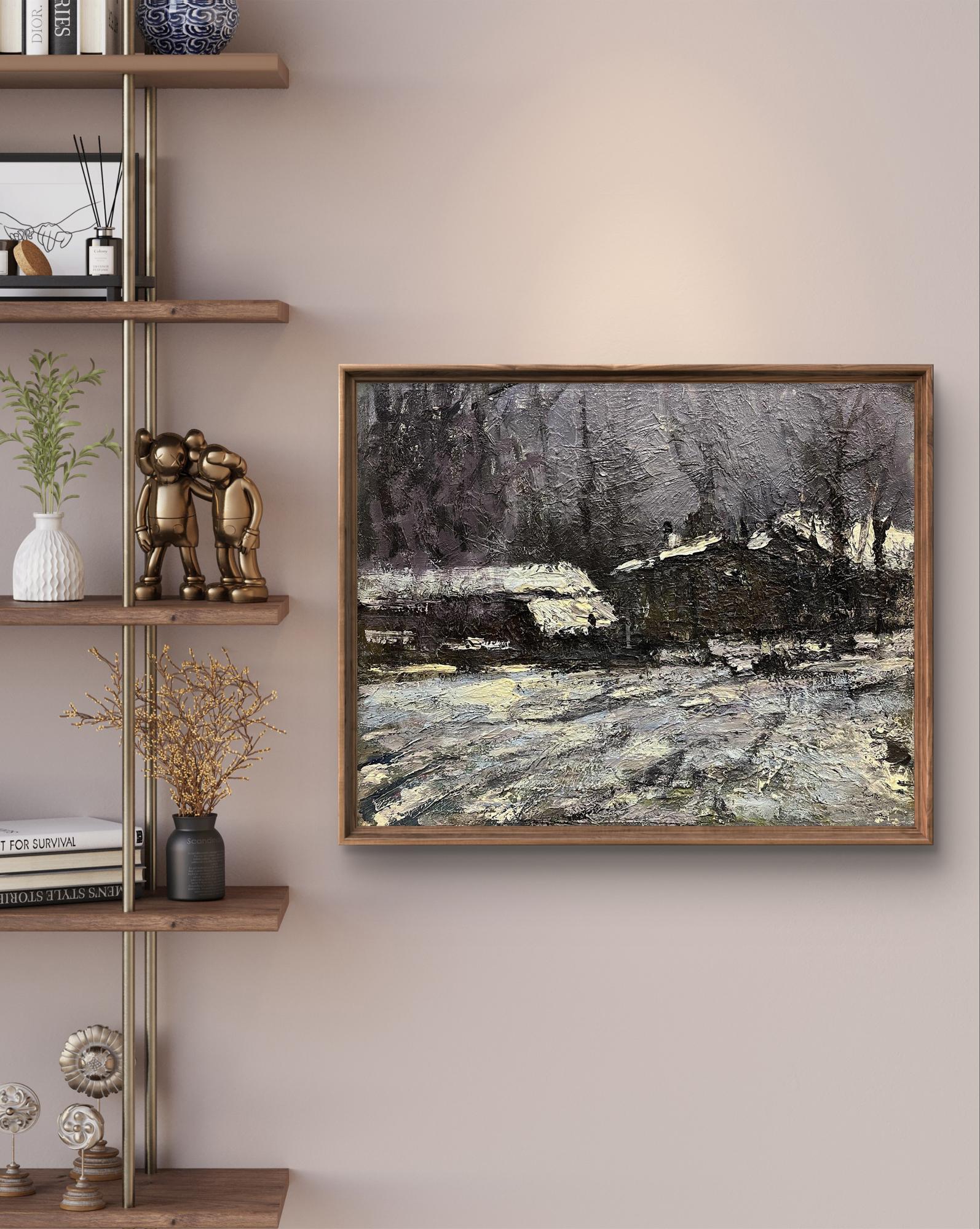 Oil painting Sketch under the village by Volodymyr Pashchenko snowy landscape