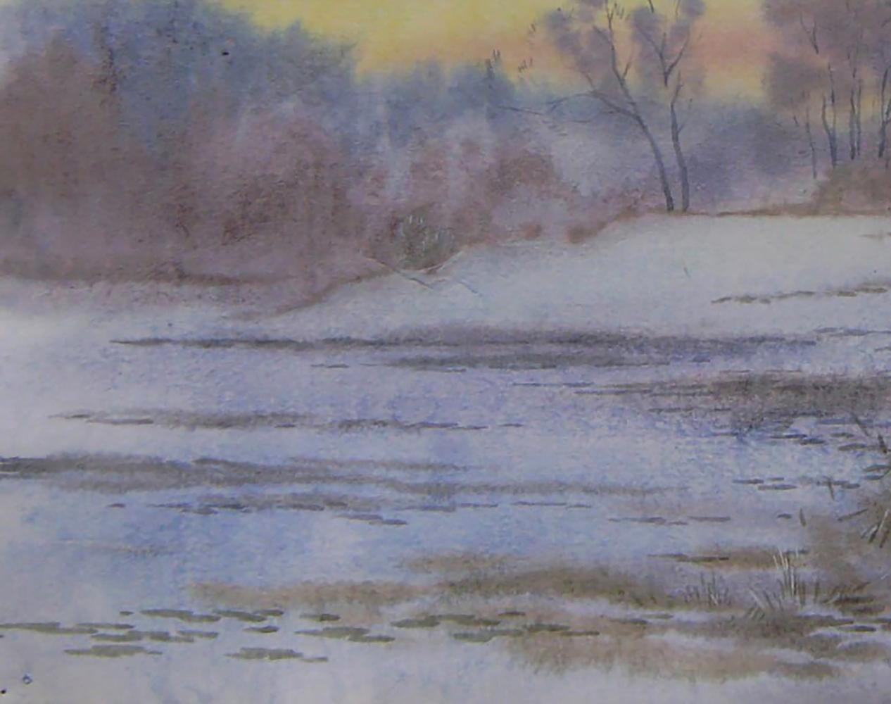 Serene watercolor painting of tranquil river at dusk by Valery Savenets