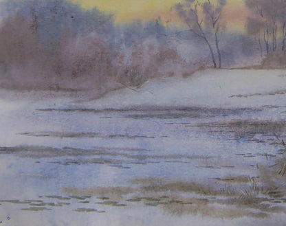 Serene watercolor painting of tranquil river at dusk by Valery Savenets