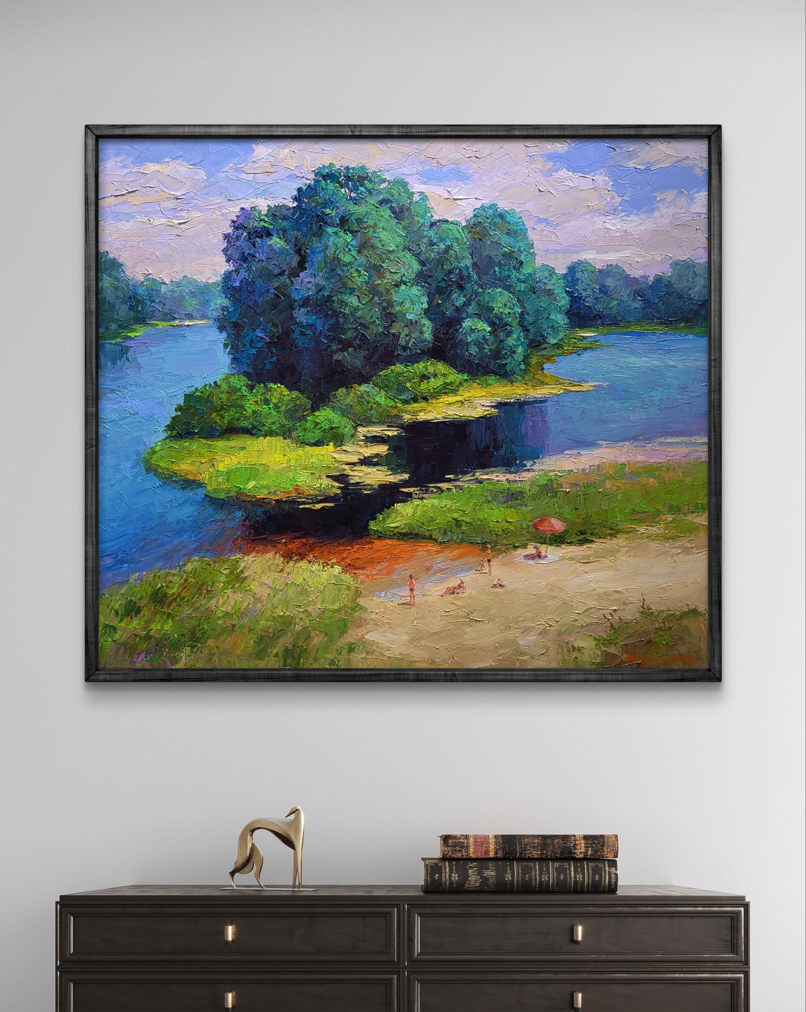 Framed impressionist oil painting Relaxation on the river beach by Boris Serdyuk